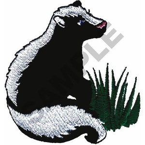May include: Black and white embroidered patch of a skunk sitting in green grass.