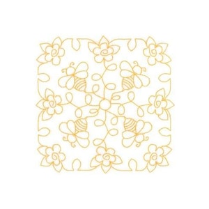 Bees & Flowers Stipple Square - Machine Embroidery Design, Flower Quilt Block Embroidery Pattern, Spring Bees Embroidery Design