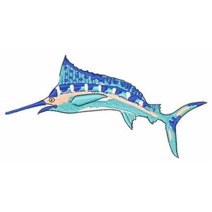 May include: A blue and white marlin fish with a long, pointed bill. The fish is swimming to the right and has a blue and white striped pattern on its body.