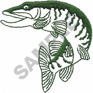 Peut inclure: Motif brodé de deux poissons verts sur fond blanc. Les poissons sont détaillés avec des lignes texturées, montrant les nageoires, les écailles et les bouches ouvertes. Le mot "SAMPLE" est visible dans l'image.