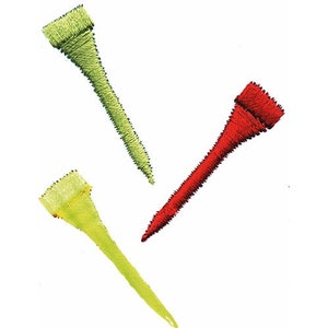 Puede incluir: Tres tees de golf de diferentes colores: verde, amarillo y rojo. Los tees están hechos de plástico y tienen una punta puntiaguda.