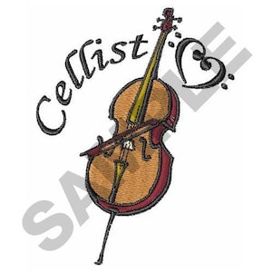 Puede incluir: Una ilustración en blanco y negro de un violonchelo con la palabra "Cellist" escrita encima. Una clave de sol con un corazón en el medio está a la derecha del violonchelo.