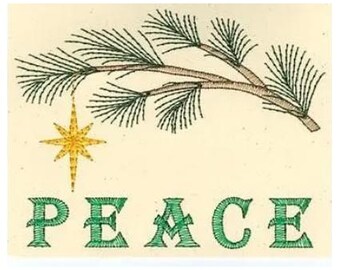Tarjeta de la paz - Diseño de bordado a máquina, patrón de bordado para tarjeta de Navidad, diseño de bordado de rama de pino, diseño de bordado de estrella de Navidad