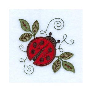 May include: Embroidered design of a red ladybug with black spots on a green leafy stem with brown accents.