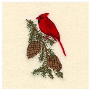 Weihnachtskardinal auf Kiefernzweig - Stickdatei, Stickdatei für Weihnachten, Weihnachtsvogel, Kiefernzweig & Kiefernzapfen-Stickerei
