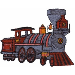 May include: An embroidered iron-on patch depicting a vintage steam train locomotive. The train is red, grey and orange, with a large smokestack, a bell and a red cab. The wheels are black with white spokes.