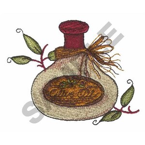 May include: A white ceramic gourd with a red and brown top, decorated with a brown and orange design. The gourd is surrounded by green leaves.