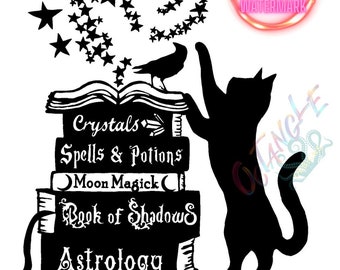 Black Cat and Raven with Magic Books and Stars - instant download - svg, png
