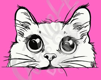 Custom Design - White Cats - hand drawn - one peeking - one big eyes