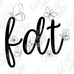 Op de afbeelding: Zwart-wit grafisch ontwerp met het woord "folt" in een gestileerd lettertype. Het ontwerp bevat vlinders en bloemen.