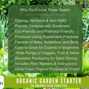 Organic home garden with 20 varieties of organic and heirloom vegetable and herb seeds for growing fresh produce at home.