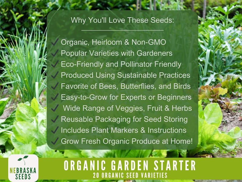Organic home garden with 20 varieties of organic and heirloom vegetable and herb seeds for growing fresh produce at home.