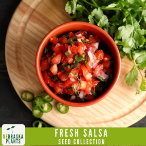 May include: A bowl of fresh salsa made with diced tomatoes, onions, cilantro, and jalapenos. The salsa is on a wooden cutting board with a sprig of cilantro in the background. The text "FRESH SALSA SEED COLLECTION" is displayed below the bowl.