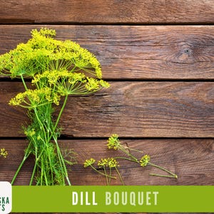 K&ouml;nnte beinhalten: Ein Bund frischer Dill mit gelben Bl&uuml;ten auf braunem Holz. Der Text "DILL BOUQUET" befindet sich am unteren Rand des Bildes.