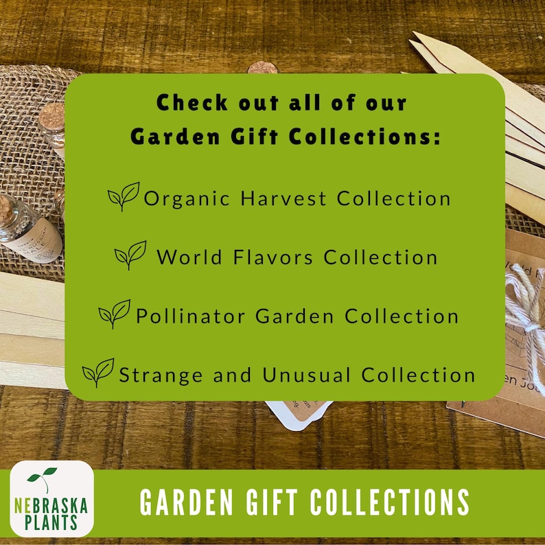 Garden Gifts Include: Organic Harvest Collection, World Flavors Collection, Pollinator Garden Collection, and Strange and Unusual Collection.