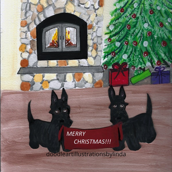 Scotty Dogs Merry Chirstmas greeting watercolor wall art or Christmas card