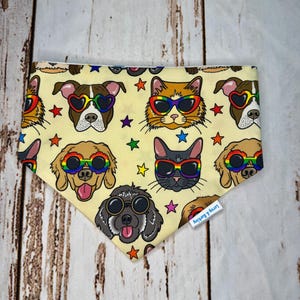 May include: A triangular pet bandana with a light yellow background featuring a repeating pattern of various dog and cat faces wearing rainbow-coloured heart-shaped sunglasses, interspersed with small colourful stars and a Leroy & Barkley tag.