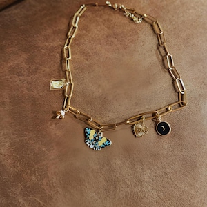 Lunar Charm Necklace – Statement Paperclip Chain with Butterfly, Moon & Sunbeam Charms