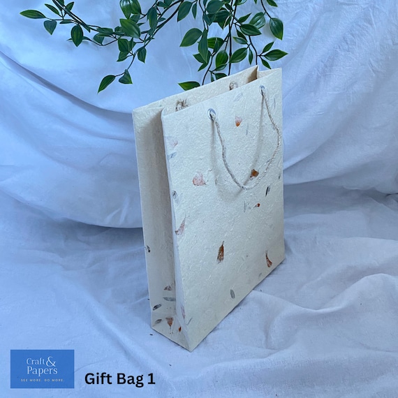 Handmade Lokta Paper Gift Bags with Pressed Flowers, Eco-Friendly Set of 2
