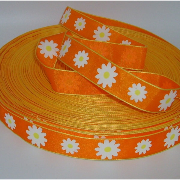 Retro Lk Woven Orange Cloth Binding Ribbon with Daisies  1 in x 10 yd