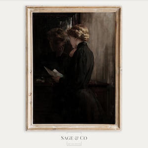 Vintage Lady Reading Letter Retrato Pintura al óleo / DESCARGA DIGITAL / Arte de pared IMPRIMIBLE instantáneo / Antique Farmhouse Moody Art Print 129