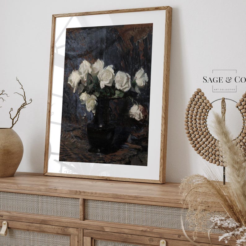 Vintage White Rose Flowers in Black Vase Still Life Painting | DIGITAL ...
