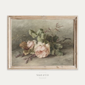 Vintage europäische rustikale Rosen Blumen Stillleben Malerei | DIGITALER DOWNLOAD | Sofortige DRUCKBARE Wandkunst | Antiker Stimmungsvoller Bauernhaus Druck 50er