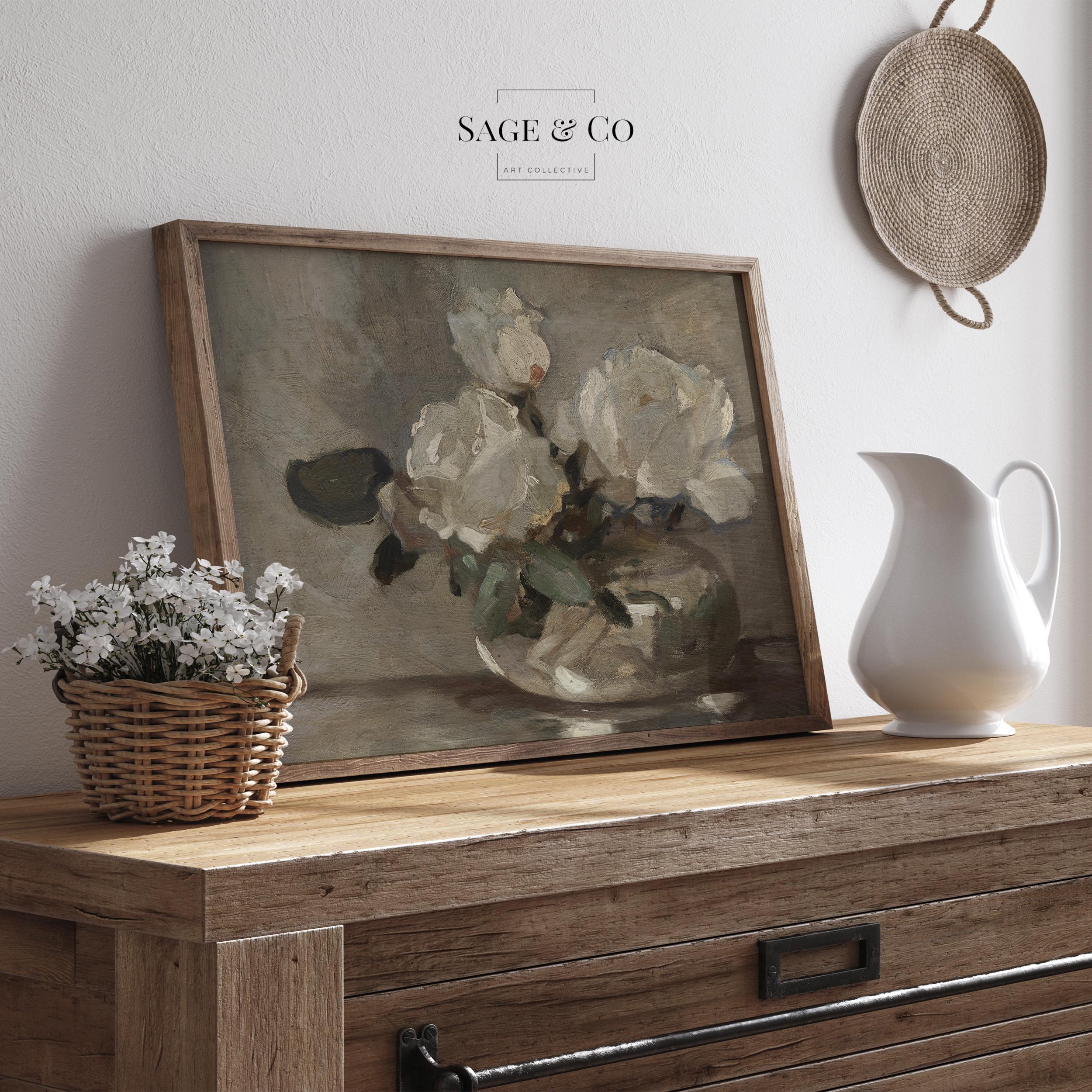 Vintage White Roses Flowers in Vase Still Life Painting | DIGITAL ...
