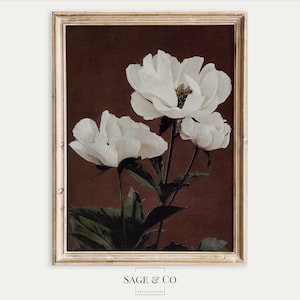 Vintage Japanese Rustic White Peony Flower Painting | DIGITAL DOWNLOAD | Instant PRINTABLE Wall Art | Antique Dark Moody Farmhouse Print 39
