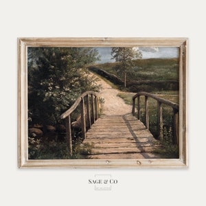 peinture vintage de paysage de pont de pays rustique européen | TÉLÉCHARGEMENT NUMÉRIQUE | Art mural instantané imprimable | Gravure ancienne de ferme maussade 31
