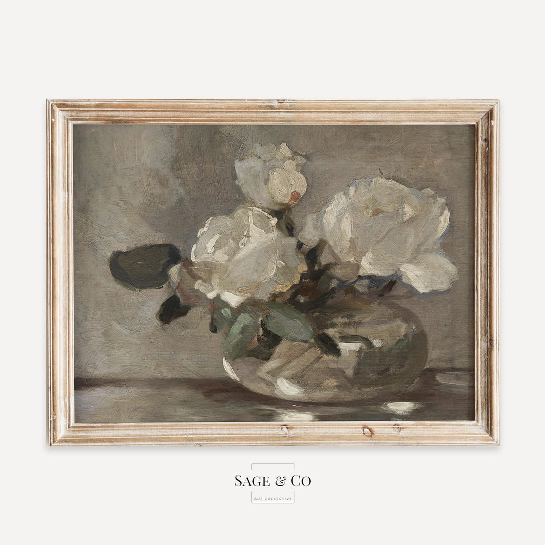 Vintage White Roses Flowers in Vase Still Life Painting | DIGITAL ...