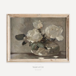 Pintura de naturaleza muerta con rosas blancas vintage en jarrón / DESCARGA DIGITAL / Póster de arte de pared IMPRIMIBLE / Impresión de granja oscura y melancólica de 180