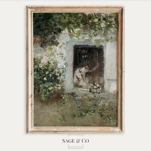 Könnte beinhalten: Ein Gemälde einer Frau in einem weißen Kleid, die in einem Tor mit einem Blumenstrauß steht. Das Tor ist von grünem Laub umgeben und der Hintergrund ist eine weiße Wand.