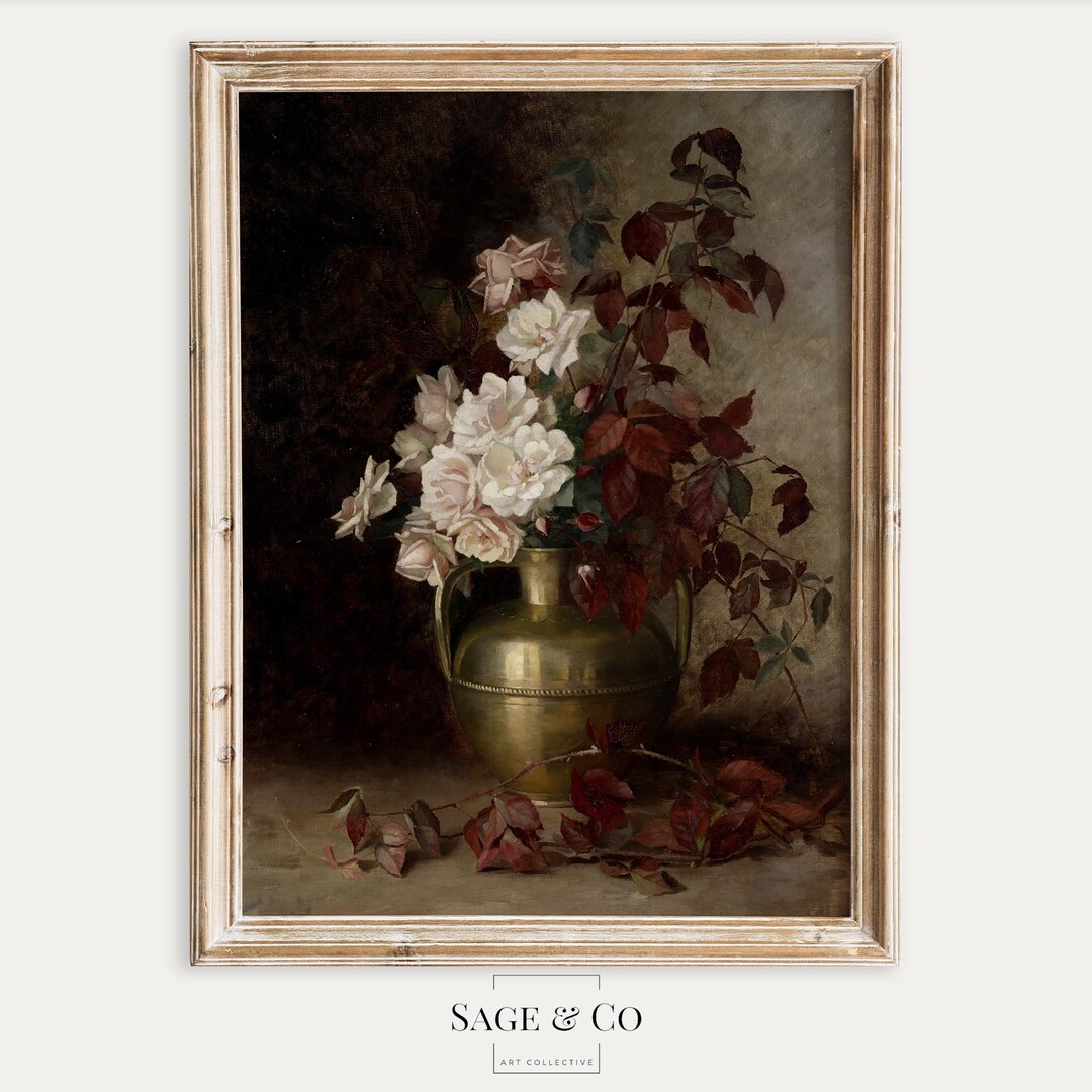 Vintage Roses Flowers in Brass Vase Still Life Painting | DIGITAL ...