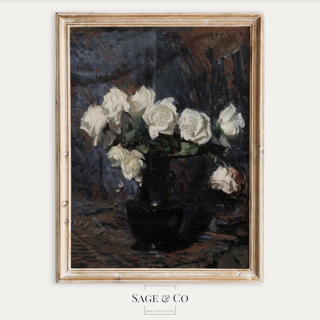 Vintage White Rose Flowers in Black Vase Still Life Painting | DIGITAL ...