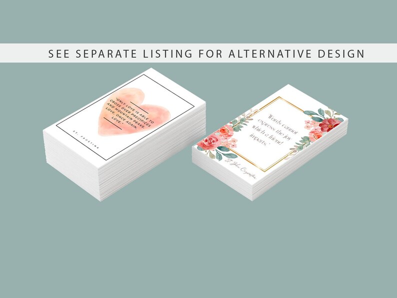 May include: Two stacks of cards with floral designs and inspirational quotes. The top card in the left stack features a pink heart with the quote "Only love is able to cross over precipices and mountain peaks. Love once again. Love." The top card in the right stack features a floral design with the quote "Birds cannot express the joy which the first white frost brings."
