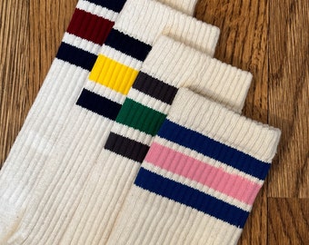 Retro stripe sock. Cotton socks made in USA. Athletic sock. Striped tube sock. Vintage striped sock.Classic old school socks.USA cotton sock
