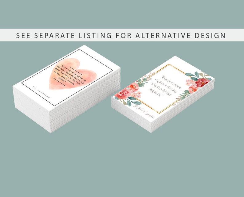 May include: Two stacks of cards with watercolor floral designs and inspirational quotes. The top card in the left stack features a pink heart with the quote "Only love is able to cross over precipices and mountain peaks. Love once again. Love." The top card in the right stack features a pink floral design with the quote "Words cannot express the joy which is thine!"