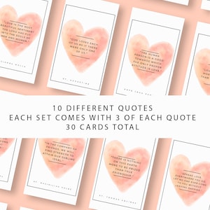 May include: A set of 10 different quotes about love, each with a watercolor heart design. The quotes are from various authors, including St. Augustine, Pope John Paul II, and St. Teresa of Calcutta. The set includes 30 cards total.