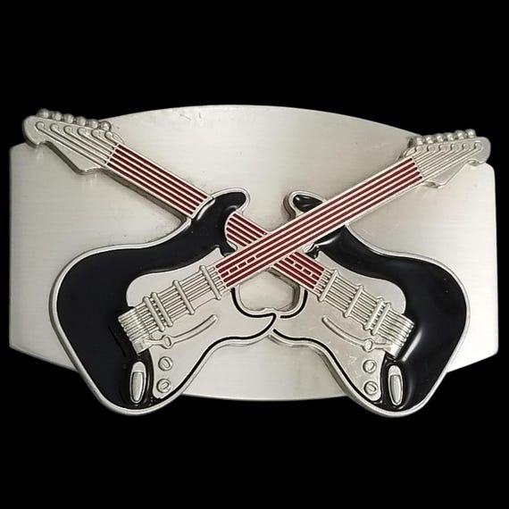Crossed Guitars Belt Buckle – Embossed Fender Strat Style Heavy Metal Musician
