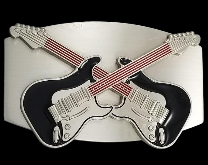 Crossed Guitars Belt Buckle – Embossed Fender Strat Style Heavy Metal Musician