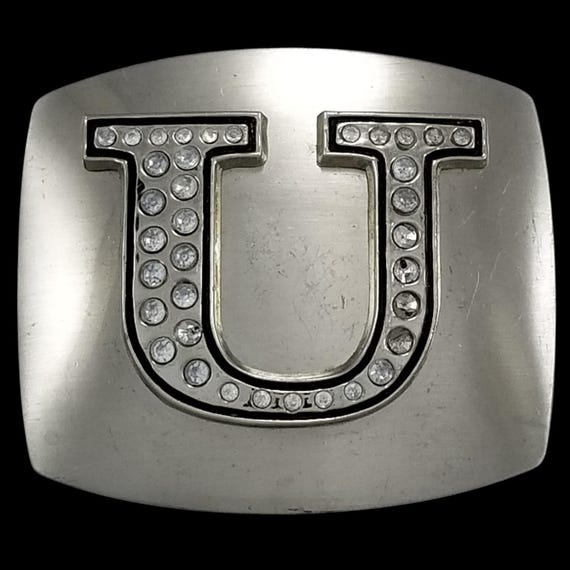 Rhinestone Initial U Belt Buckle Silver Tone Western Fashion Accessory