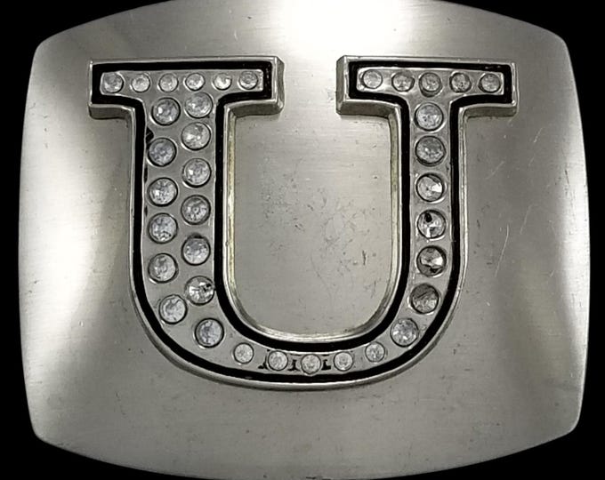 Rhinestone Initial U Belt Buckle Silver Tone Western Fashion Accessory