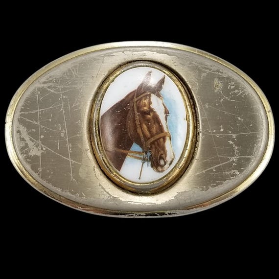 Vintage Oval Belt Buckle Horse Head Design Silver tone Metal USA Made
