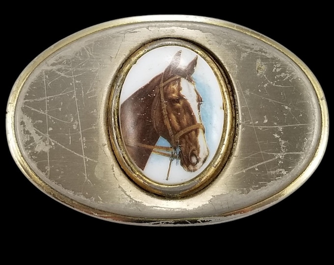 Vintage Oval Belt Buckle Horse Head Design Silver tone Metal USA Made
