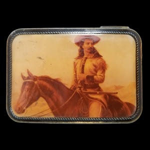 Fibbia per cintura vintage in ottone con immagine di Buffalo Bill, William Frederick Cody, Vecchio West