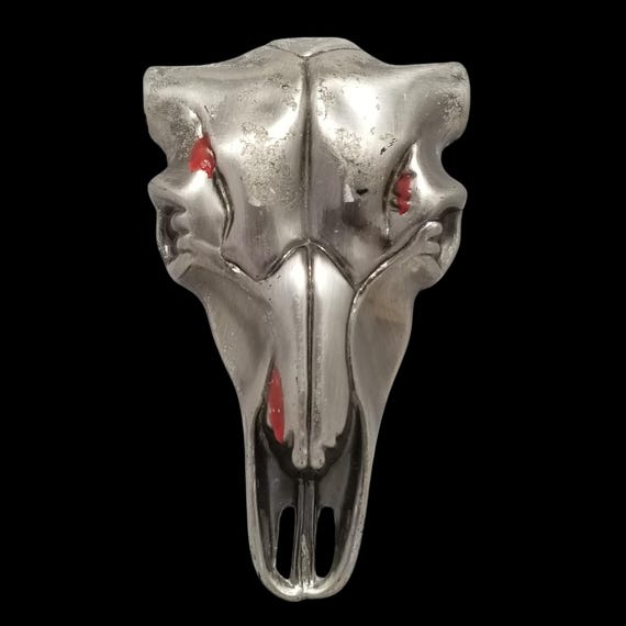 Cow Bull Skull Belt Buckle Silver Tone Red Accent Western Style Fashion