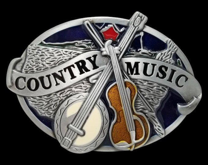 Large Belt Buckle Country Music Western Banjo Fiddle Violin USA