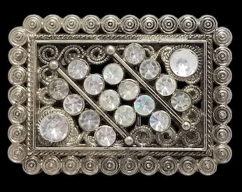 VTG Belt Buckle Women Abstract Silver Color Clear Rhinestones Victorian Western