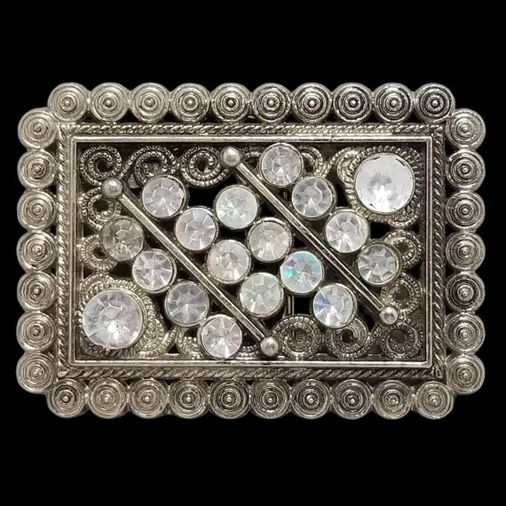 VTG Belt Buckle Women Abstract Silver Color Clear Rhinestones Victorian Western